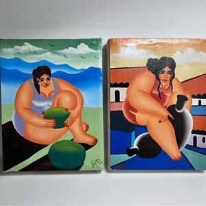 2 BOTERO-STYLE Latin American LARGE WOMEN Paintings / SIGNED LOPEZ / 6x8 Inches